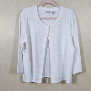 03139 LOGO by Lori Goldstein white eyelet knit button front cardigan L